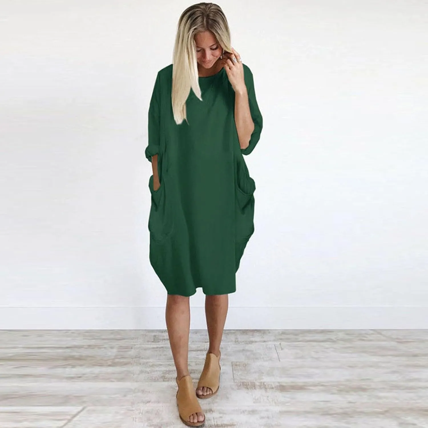 Plus Size Midi Sweater Dress for Women Long Sleeve Crewneck Knee Length Dresses with Pockets Spring Casual Sundress