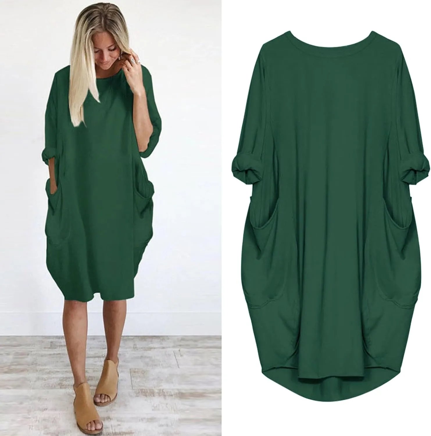 Plus Size Midi Sweater Dress for Women Long Sleeve Crewneck Knee Length Dresses with Pockets Spring Casual Sundress
