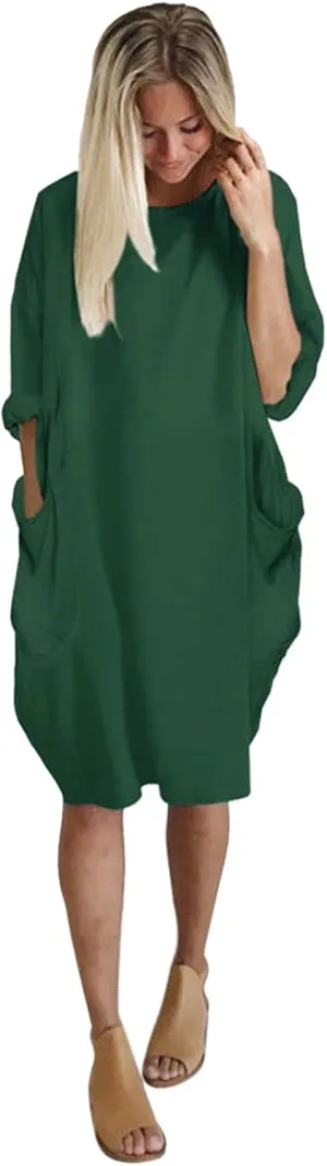 Plus Size Midi Sweater Dress for Women Long Sleeve Crewneck Knee Length Dresses with Pockets Spring Casual Sundress