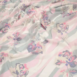 Printed Chiffon Design-13 Pink & Grey Roses on Silver Waves