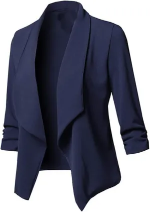 Ruched 3/4 Sleeve Open Front Draped Blazers Business Casual Basic Work Jackets for Womens Clothes with Plus Size