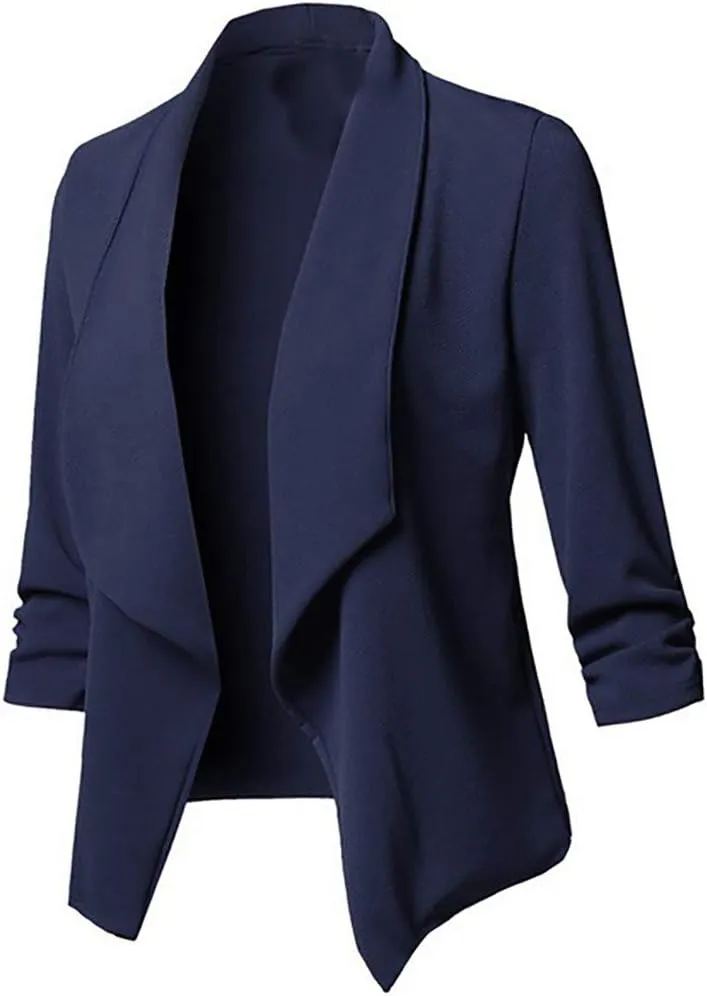 Ruched 3/4 Sleeve Open Front Draped Blazers Business Casual Basic Work Jackets for Womens Clothes with Plus Size