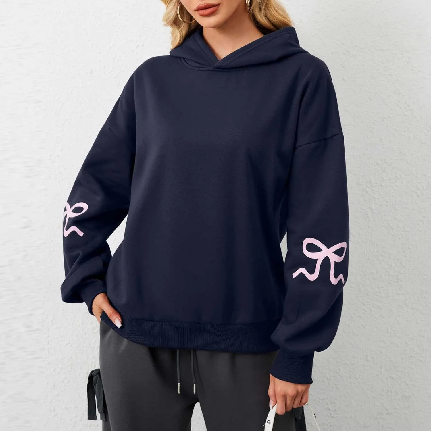 Sastianaen Cute Bow Hoodies for Women Y2k Oversized Embroidered Hoodies Vintage Pullover Sweatshirt Streetwear