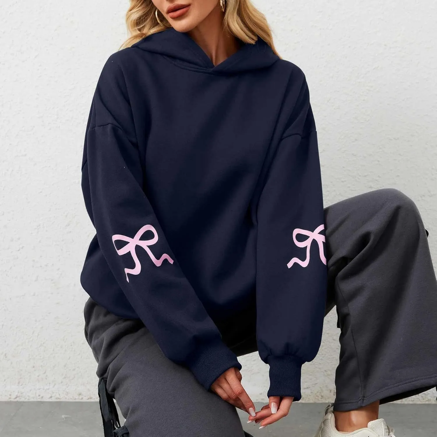 Sastianaen Cute Bow Hoodies for Women Y2k Oversized Embroidered Hoodies Vintage Pullover Sweatshirt Streetwear