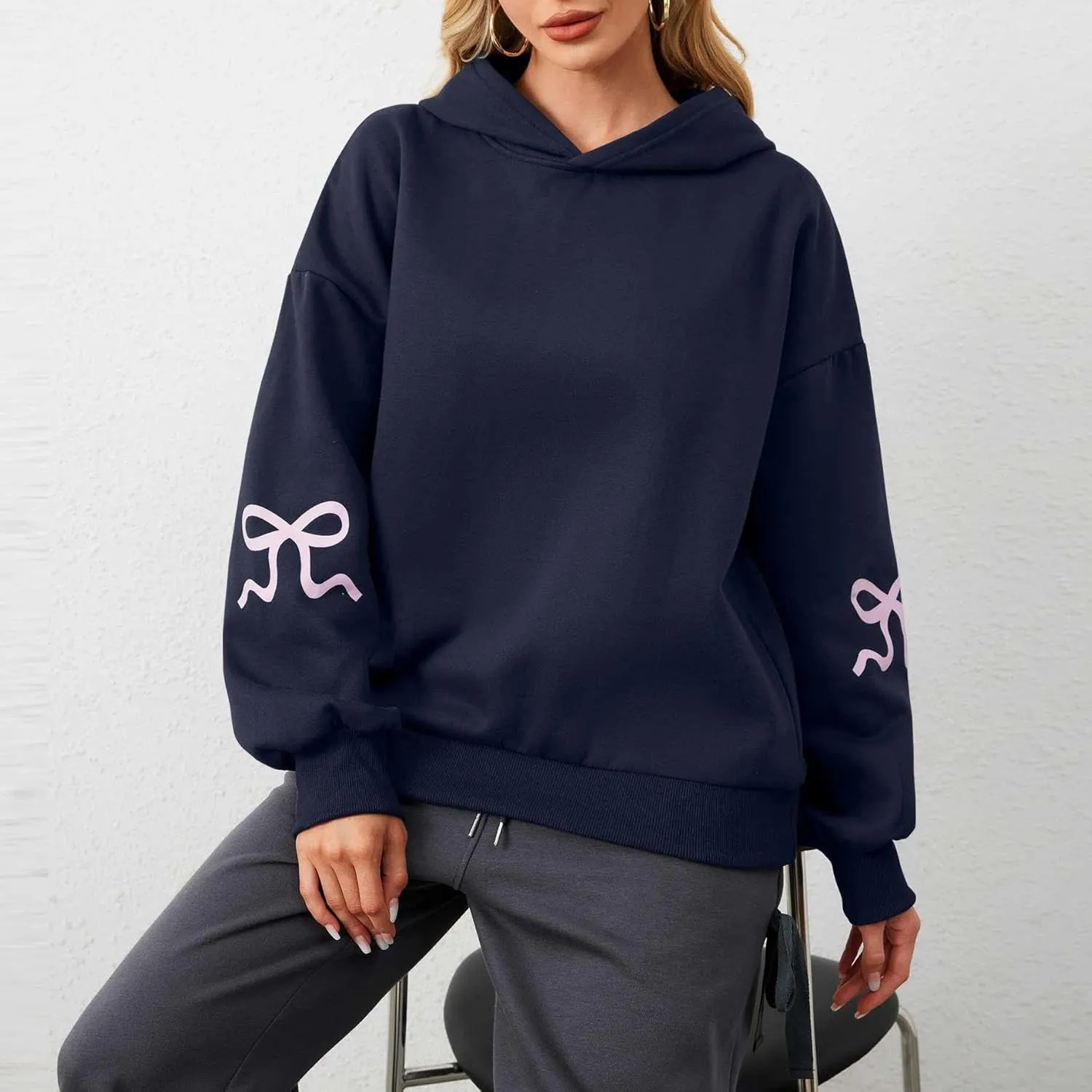 Sastianaen Cute Bow Hoodies for Women Y2k Oversized Embroidered Hoodies Vintage Pullover Sweatshirt Streetwear