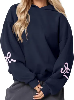 Sastianaen Cute Bow Hoodies for Women Y2k Oversized Embroidered Hoodies Vintage Pullover Sweatshirt Streetwear