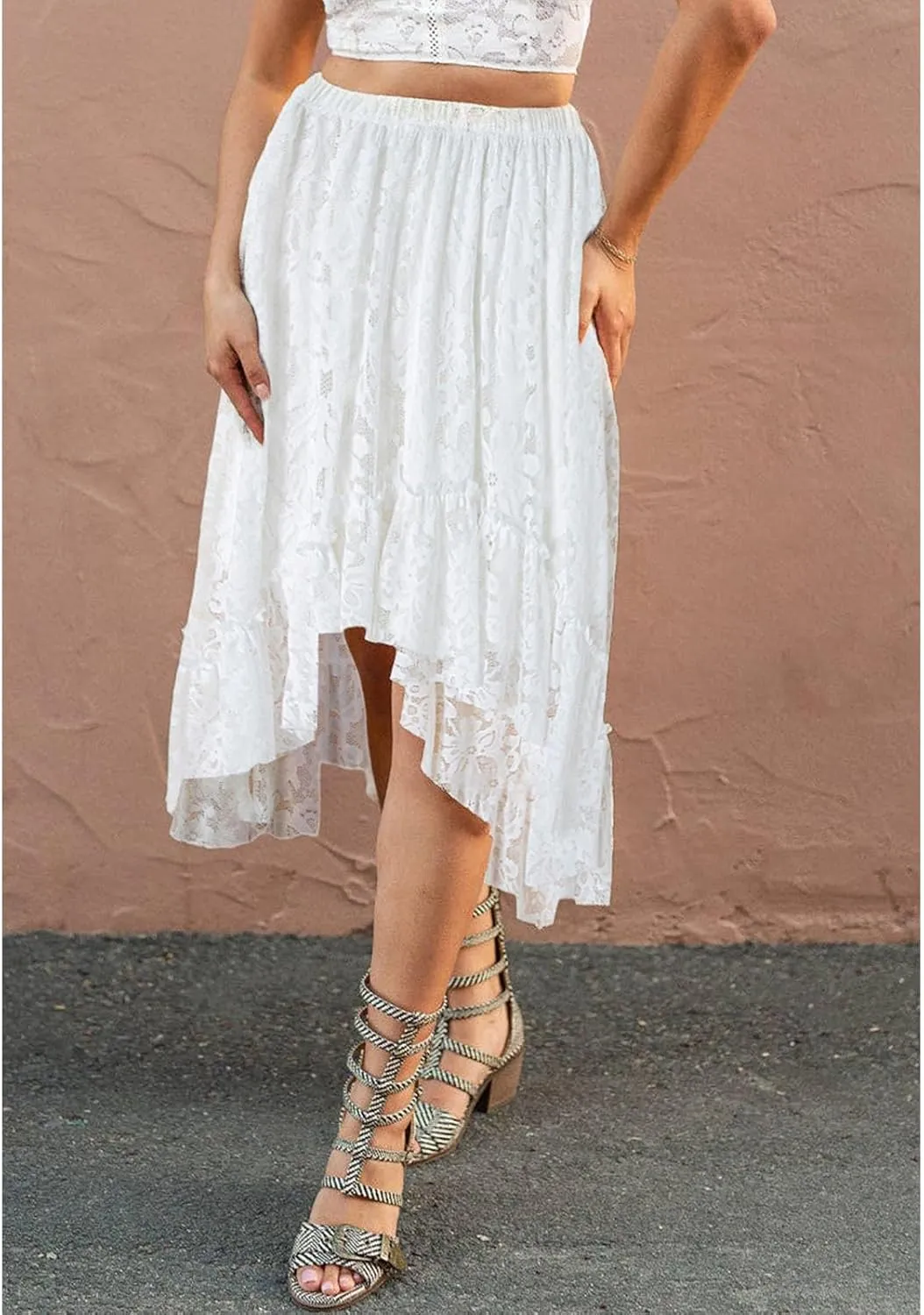 SELINK Womens Casual High Waist Lace Elastic Asymmetrical Layered Summer Long Maxi Skirt