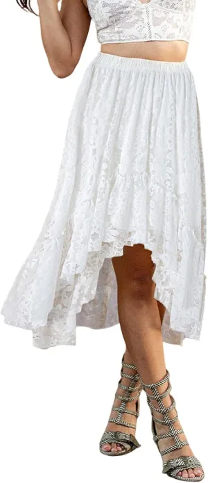 SELINK Womens Casual High Waist Lace Elastic Asymmetrical Layered Summer Long Maxi Skirt