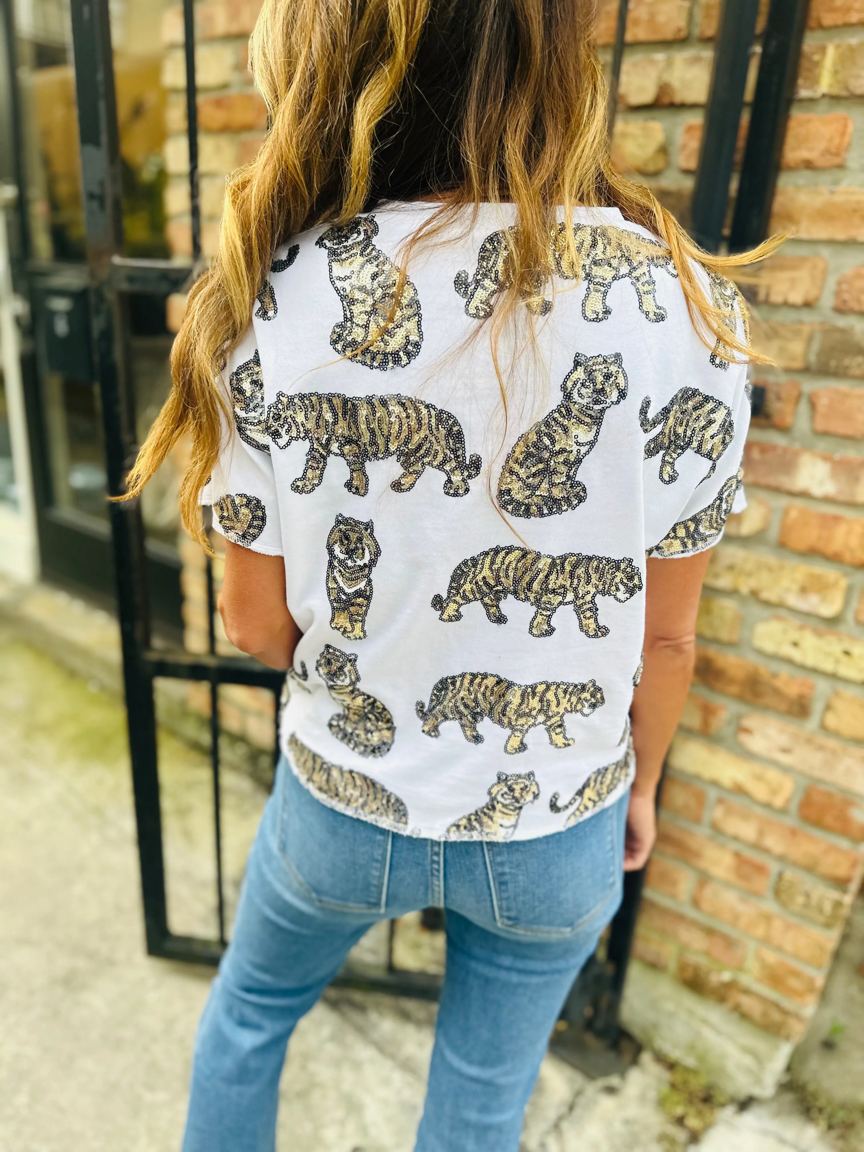 Sequin French Terry Top Tigers- White