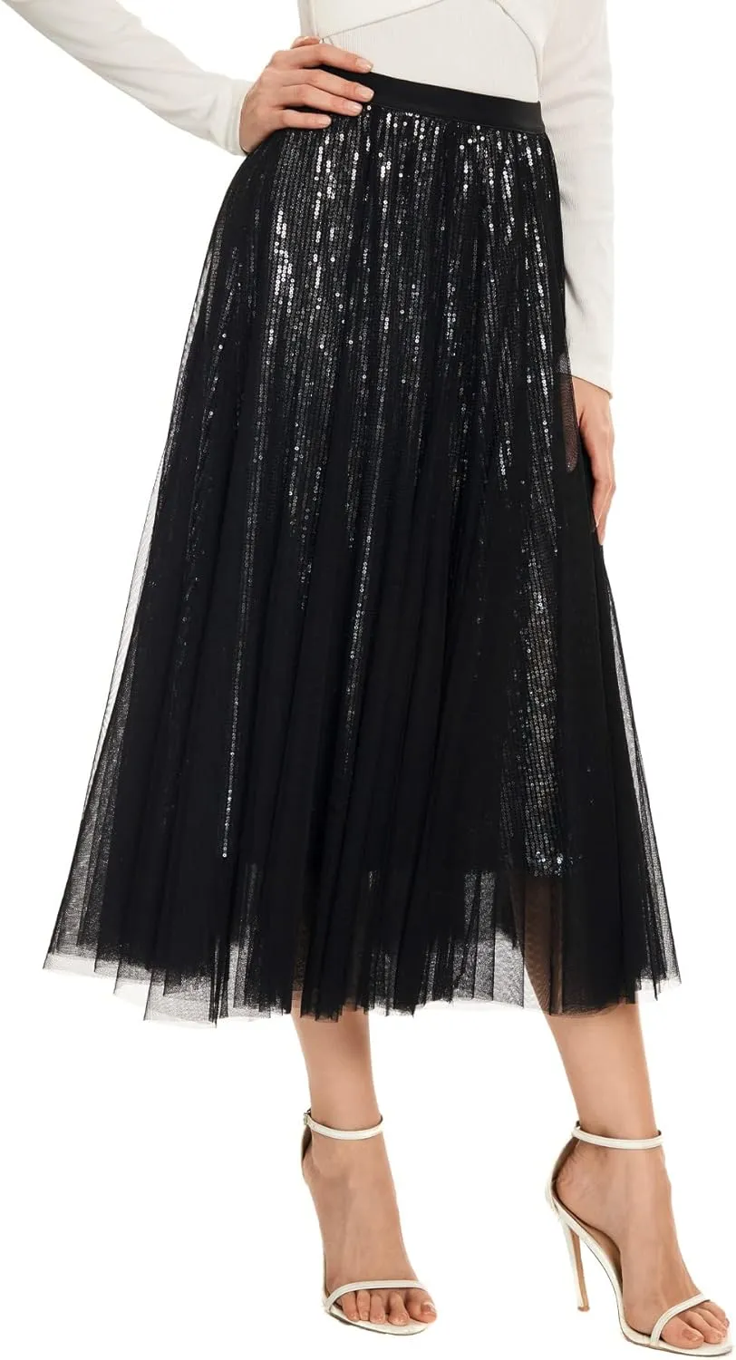 Sequin Long Tulle Skirt Layered Flowy Fairy Sparkle Party Mesh Tea Length Big Hem Skirts for Women