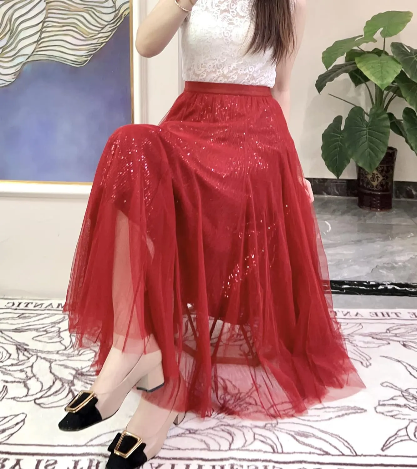 Sequin Long Tulle Skirt Layered Flowy Fairy Sparkle Party Mesh Tea Length Big Hem Skirts for Women
