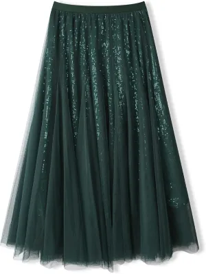 Sequin Long Tulle Skirt Layered Flowy Fairy Sparkle Party Mesh Tea Length Big Hem Skirts for Women
