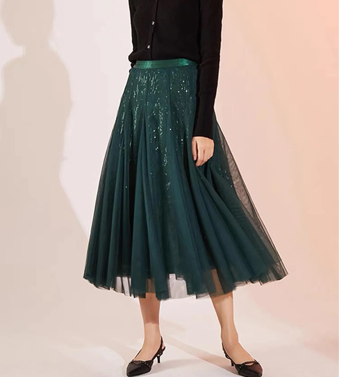 Sequin Long Tulle Skirt Layered Flowy Fairy Sparkle Party Mesh Tea Length Big Hem Skirts for Women