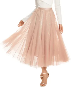 Sequin Long Tulle Skirt Layered Flowy Fairy Sparkle Party Mesh Tea Length Big Hem Skirts for Women