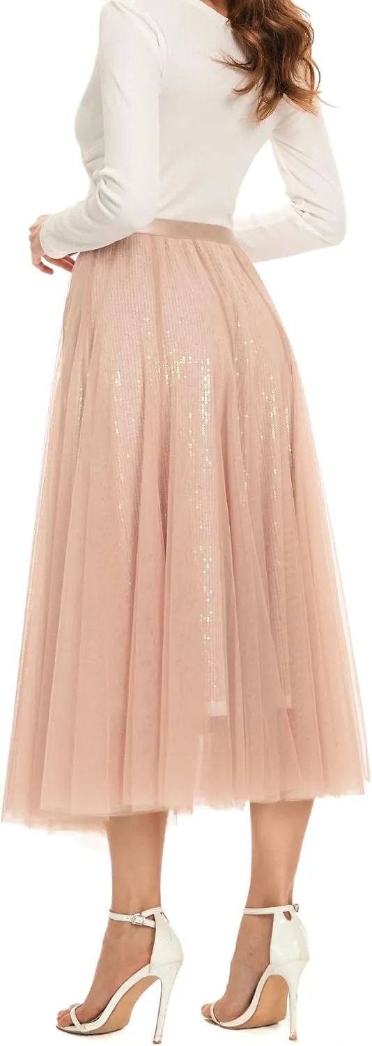 Sequin Long Tulle Skirt Layered Flowy Fairy Sparkle Party Mesh Tea Length Big Hem Skirts for Women