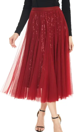Sequin Long Tulle Skirt Layered Flowy Fairy Sparkle Party Mesh Tea Length Big Hem Skirts for Women