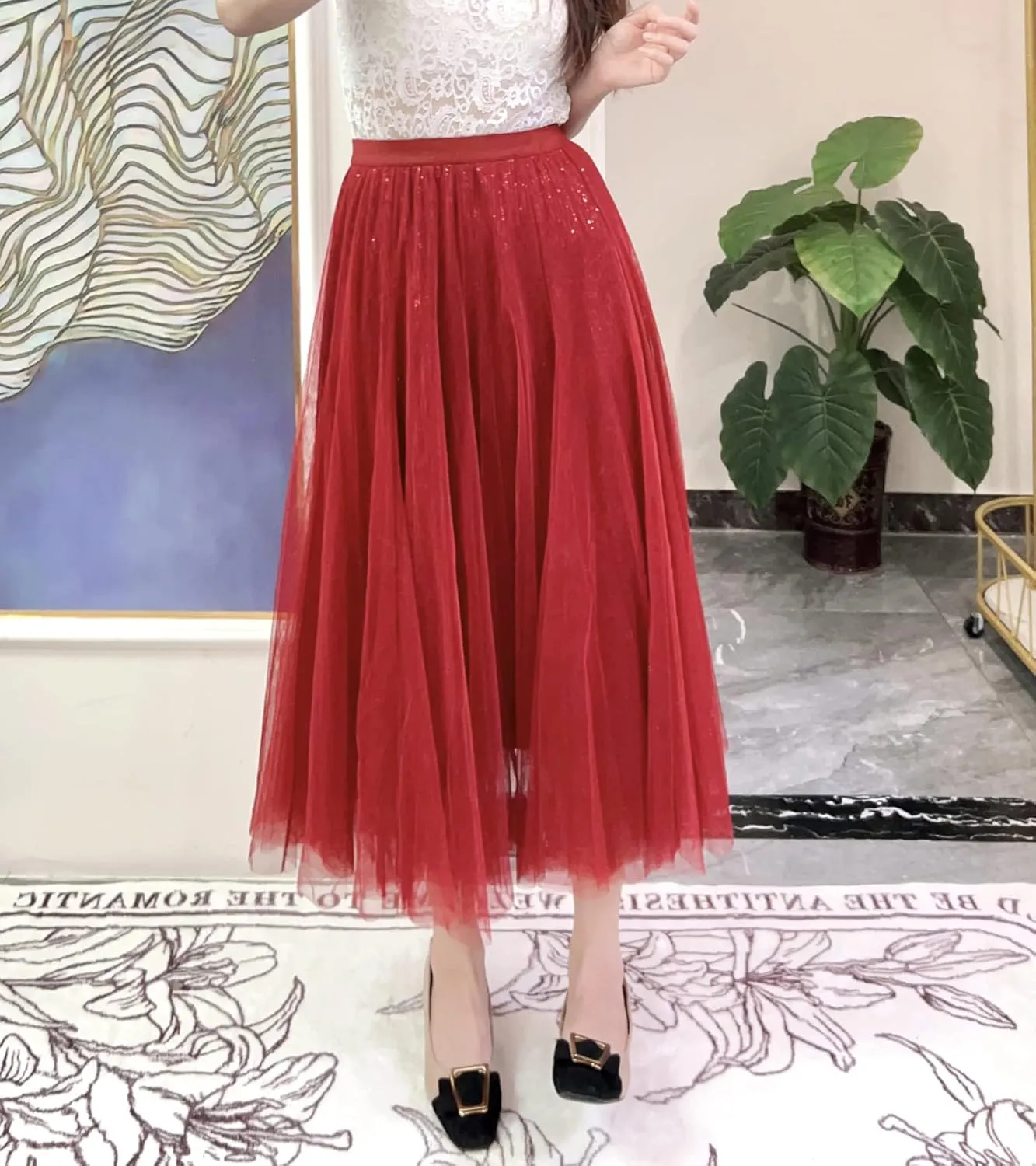 Sequin Long Tulle Skirt Layered Flowy Fairy Sparkle Party Mesh Tea Length Big Hem Skirts for Women