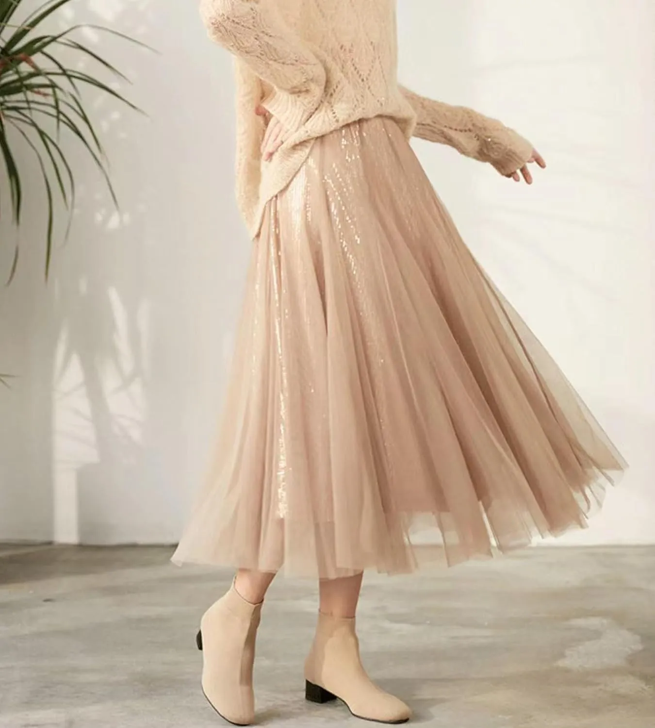 Sequin Long Tulle Skirt Layered Flowy Fairy Sparkle Party Mesh Tea Length Big Hem Skirts for Women