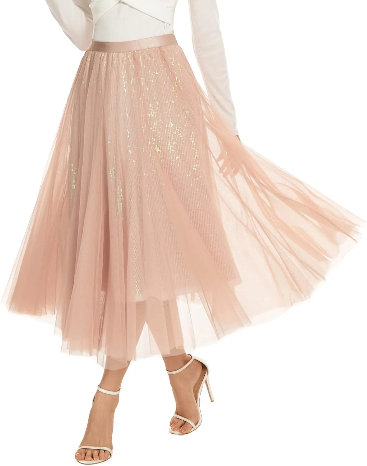 Sequin Long Tulle Skirt Layered Flowy Fairy Sparkle Party Mesh Tea Length Big Hem Skirts for Women