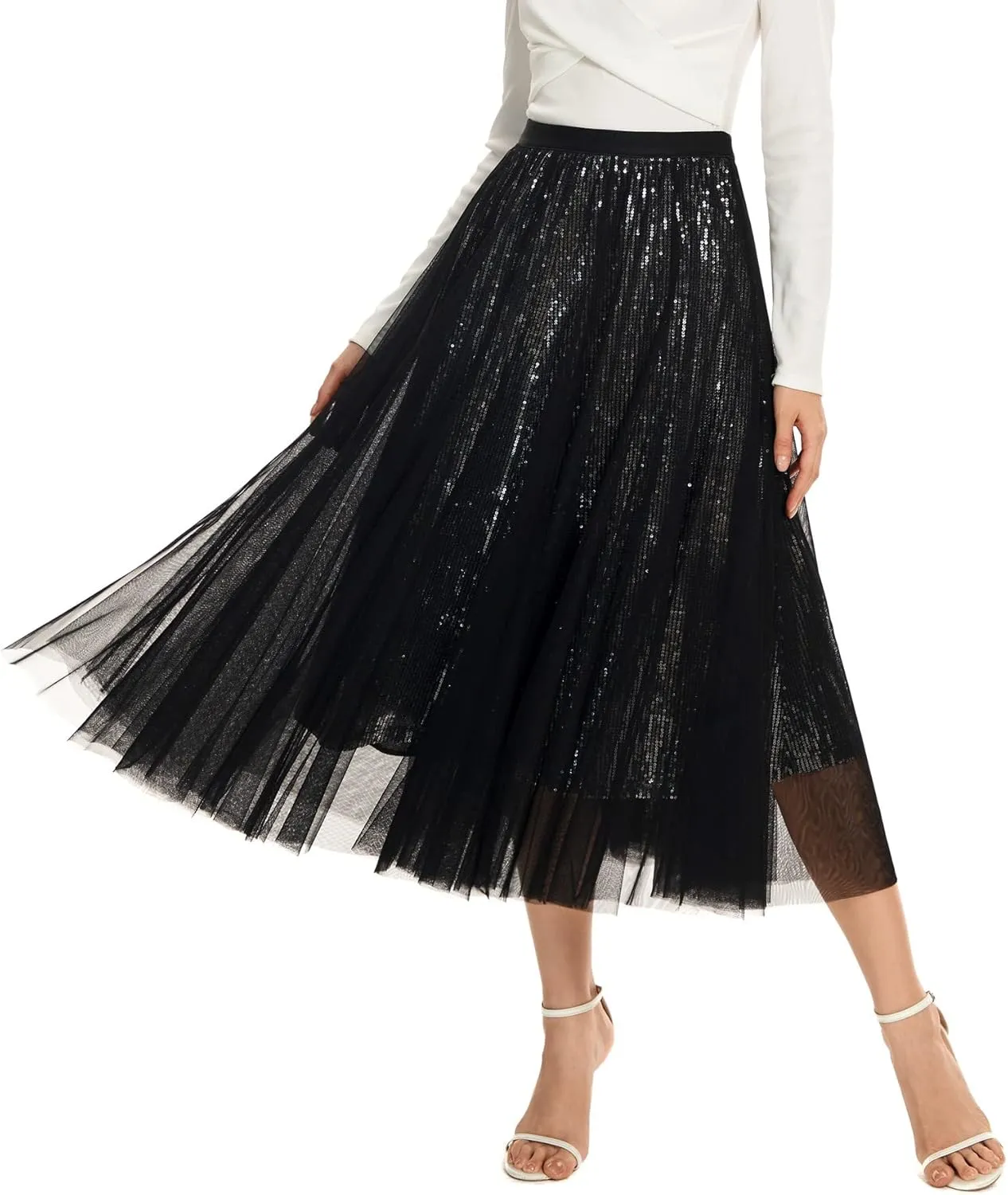 Sequin Long Tulle Skirt Layered Flowy Fairy Sparkle Party Mesh Tea Length Big Hem Skirts for Women