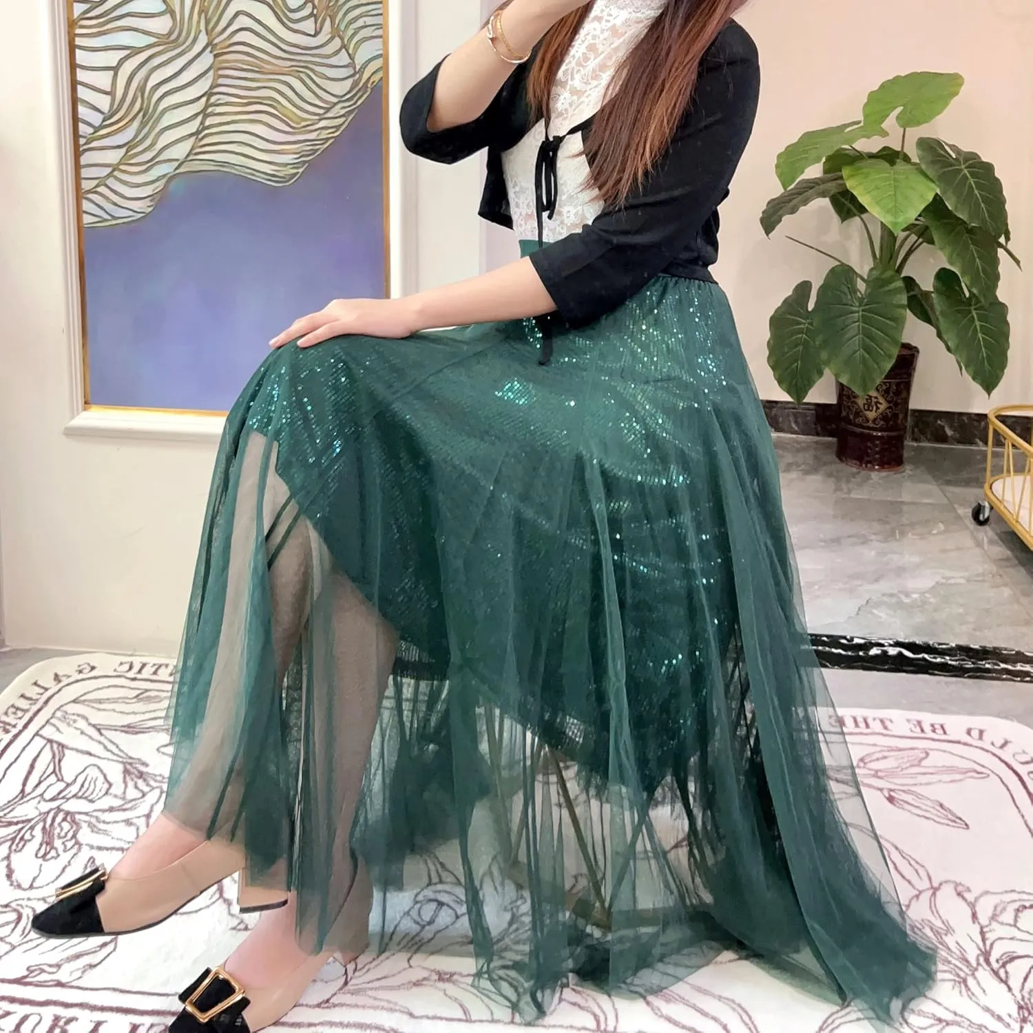 Sequin Long Tulle Skirt Layered Flowy Fairy Sparkle Party Mesh Tea Length Big Hem Skirts for Women