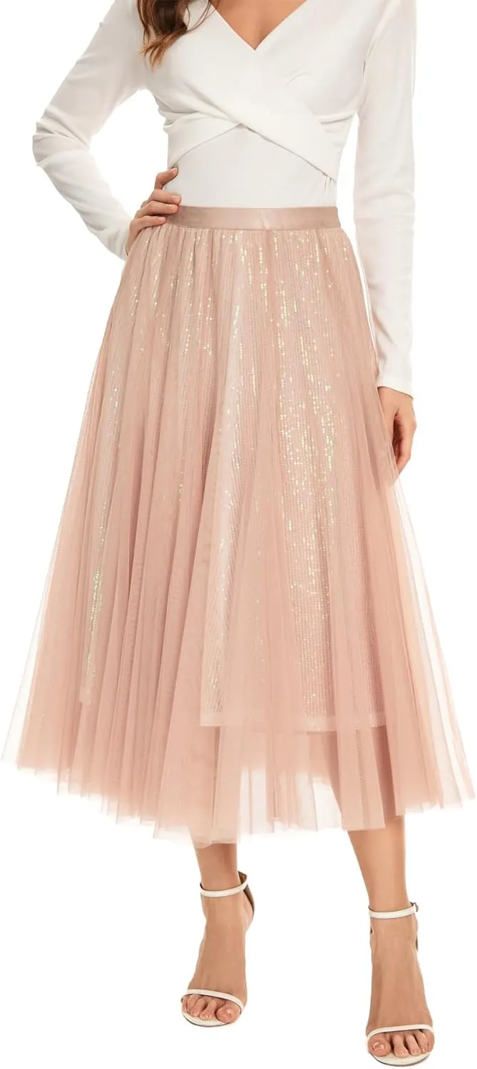 Sequin Long Tulle Skirt Layered Flowy Fairy Sparkle Party Mesh Tea Length Big Hem Skirts for Women