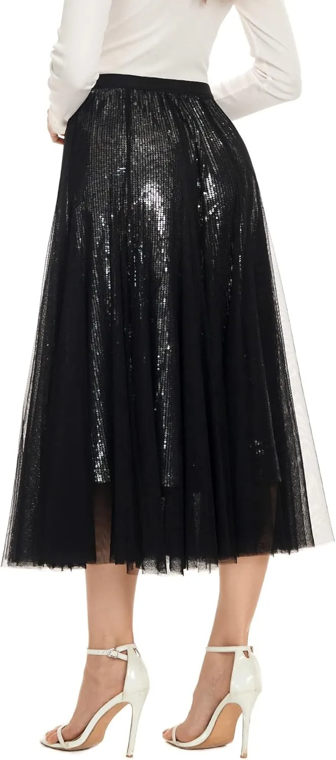 Sequin Long Tulle Skirt Layered Flowy Fairy Sparkle Party Mesh Tea Length Big Hem Skirts for Women