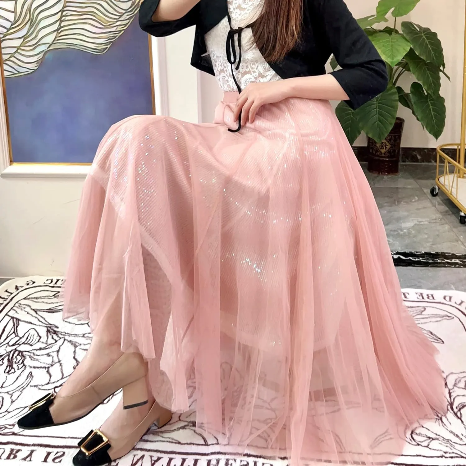 Sequin Long Tulle Skirt Layered Flowy Fairy Sparkle Party Mesh Tea Length Big Hem Skirts for Women