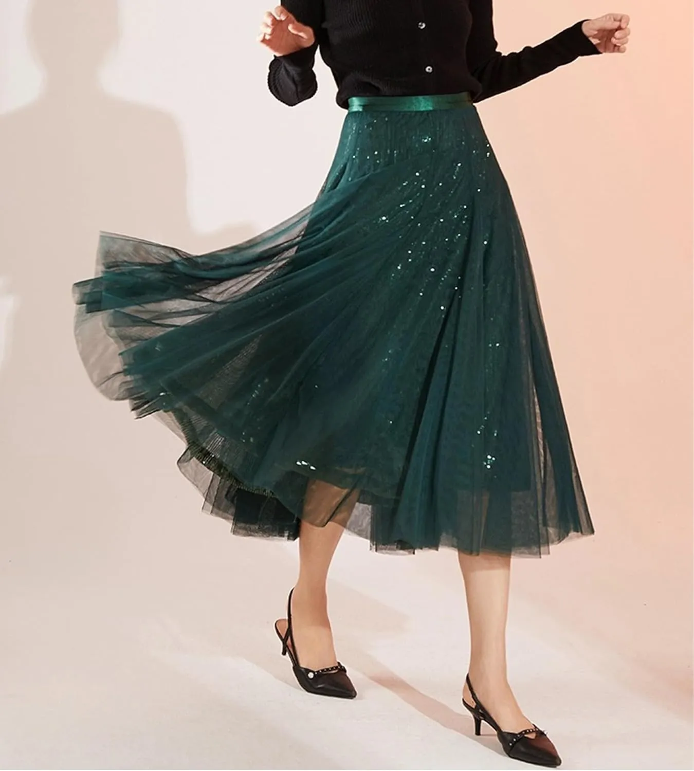 Sequin Long Tulle Skirt Layered Flowy Fairy Sparkle Party Mesh Tea Length Big Hem Skirts for Women