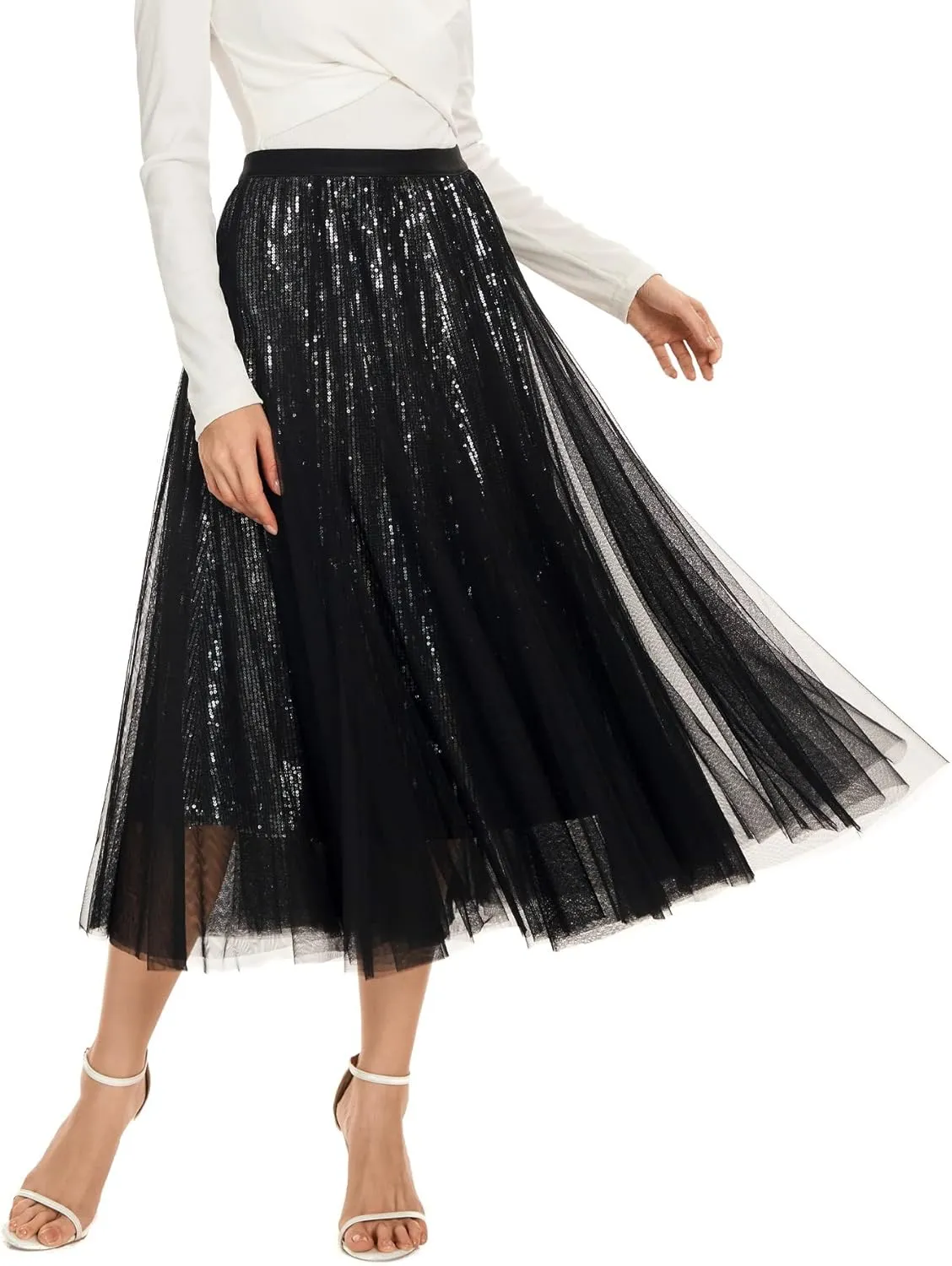 Sequin Long Tulle Skirt Layered Flowy Fairy Sparkle Party Mesh Tea Length Big Hem Skirts for Women