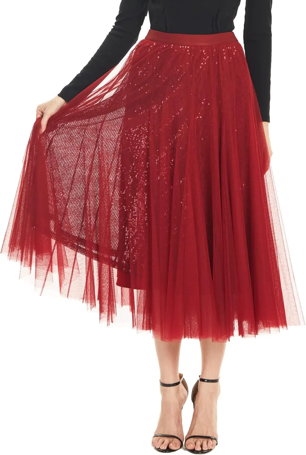 Sequin Long Tulle Skirt Layered Flowy Fairy Sparkle Party Mesh Tea Length Big Hem Skirts for Women
