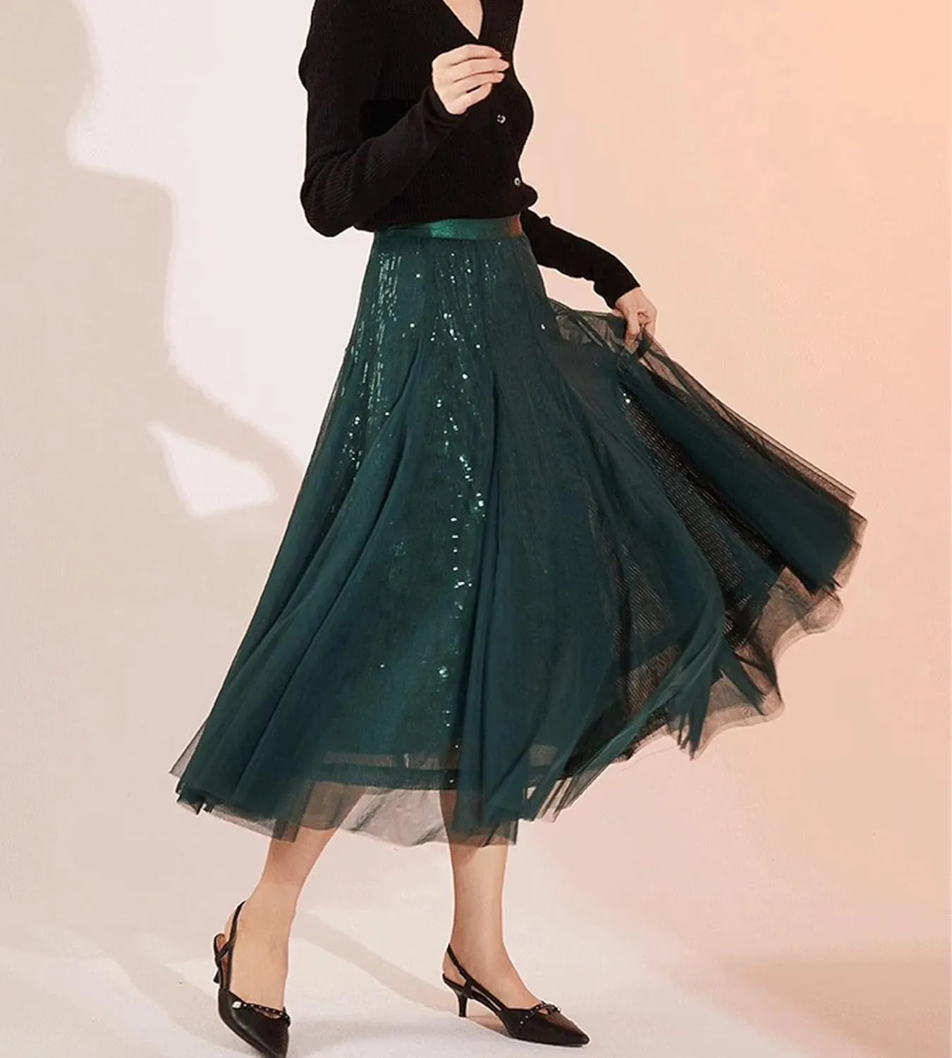 Sequin Long Tulle Skirt Layered Flowy Fairy Sparkle Party Mesh Tea Length Big Hem Skirts for Women