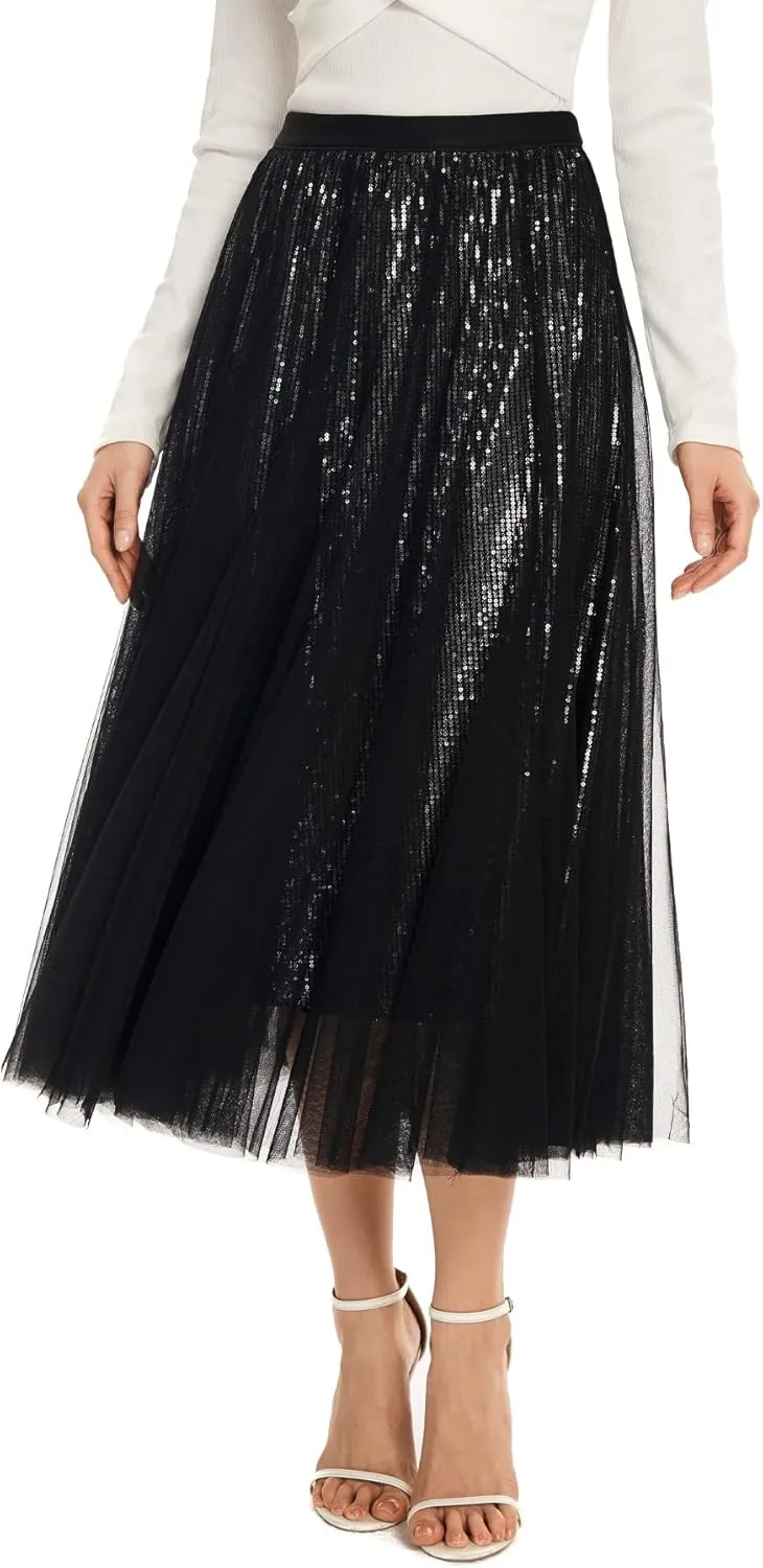 Sequin Long Tulle Skirt Layered Flowy Fairy Sparkle Party Mesh Tea Length Big Hem Skirts for Women