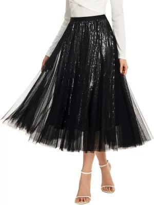 Sequin Long Tulle Skirt Layered Flowy Fairy Sparkle Party Mesh Tea Length Big Hem Skirts for Women