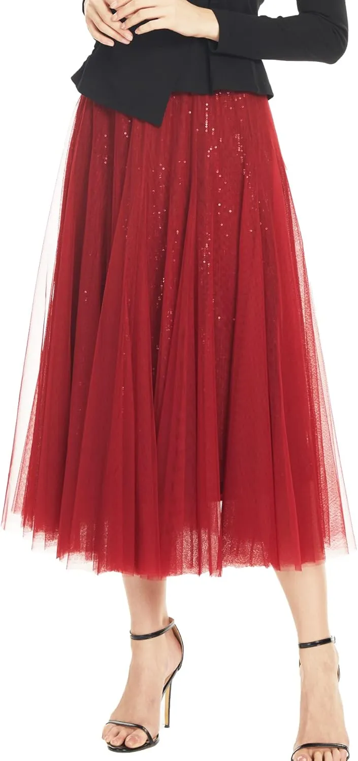 Sequin Long Tulle Skirt Layered Flowy Fairy Sparkle Party Mesh Tea Length Big Hem Skirts for Women