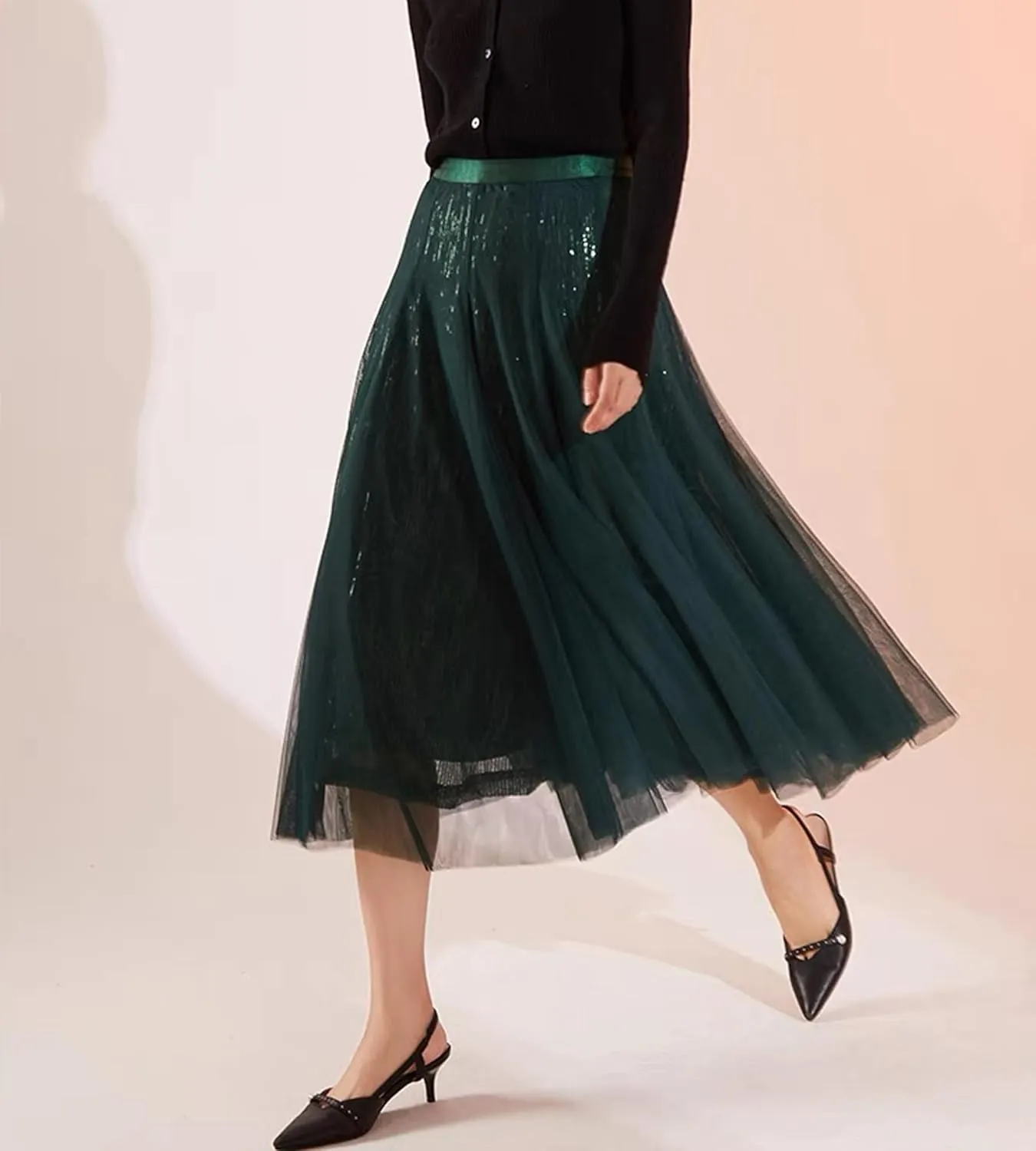 Sequin Long Tulle Skirt Layered Flowy Fairy Sparkle Party Mesh Tea Length Big Hem Skirts for Women