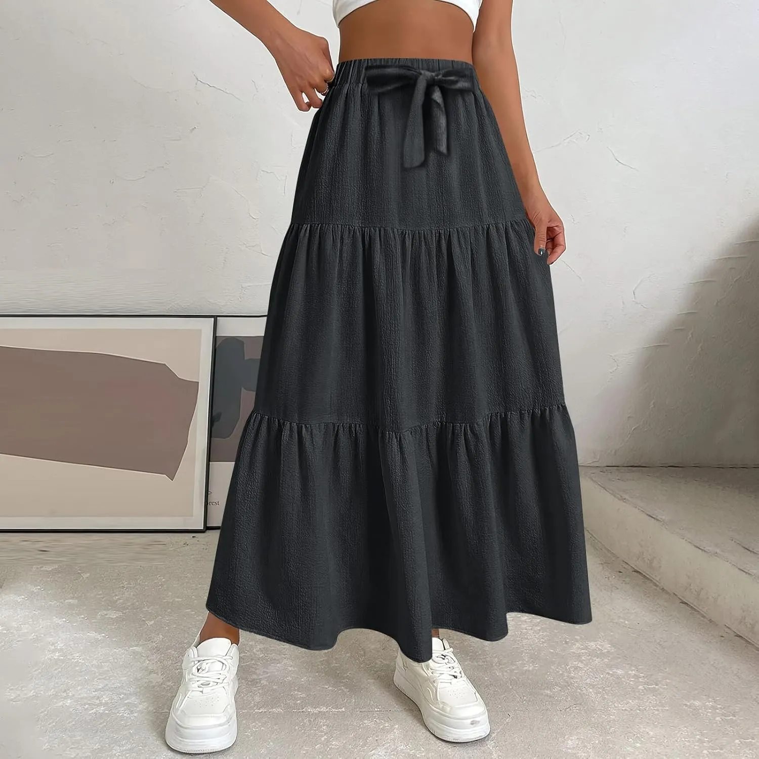 Skirts for Women Trendy Ruffled Summer Plain Color Retro Pleated Skirts Flowy Casual Long Skirt