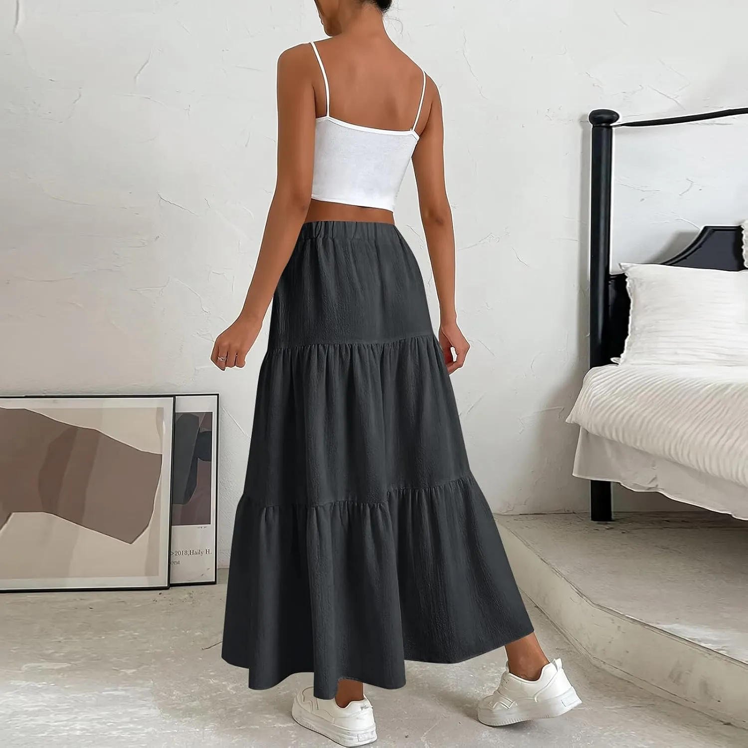 Skirts for Women Trendy Ruffled Summer Plain Color Retro Pleated Skirts Flowy Casual Long Skirt