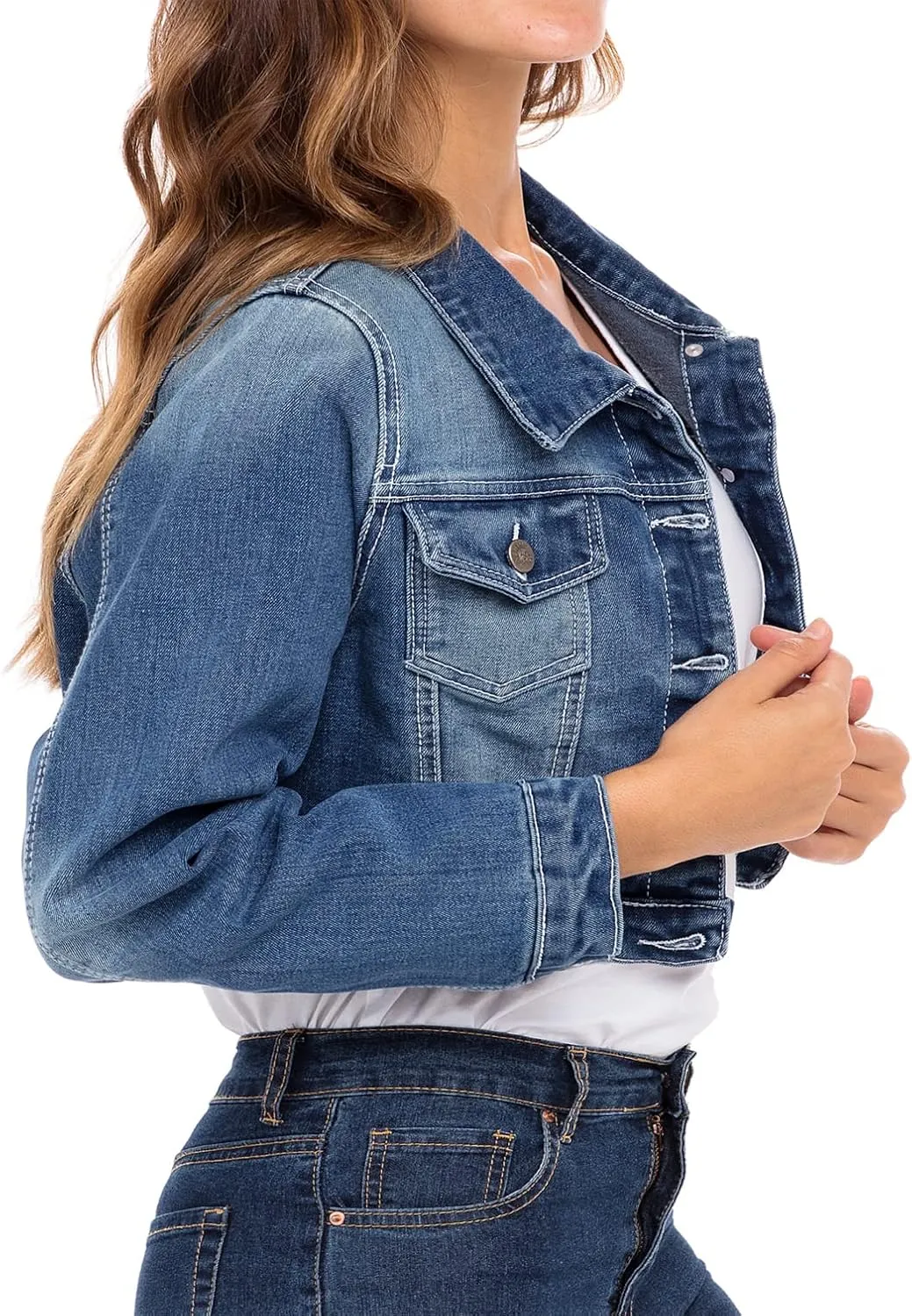 Skylinewears Women's Long Sleeve Jean Jacket Short Cropped Denim with Pockets Trendy Ideal for Every Occasion