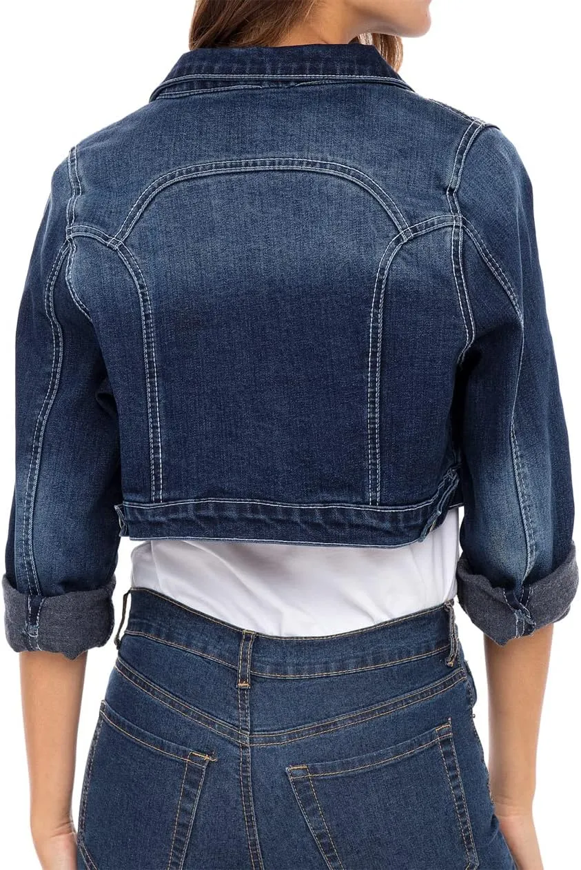Skylinewears Women's Long Sleeve Jean Jacket Short Cropped Denim with Pockets Trendy Ideal for Every Occasion