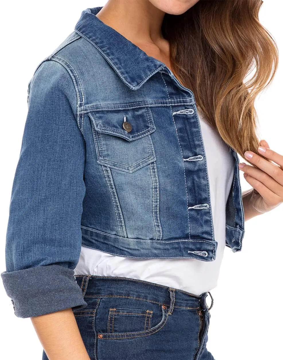 Skylinewears Women's Long Sleeve Jean Jacket Short Cropped Denim with Pockets Trendy Ideal for Every Occasion