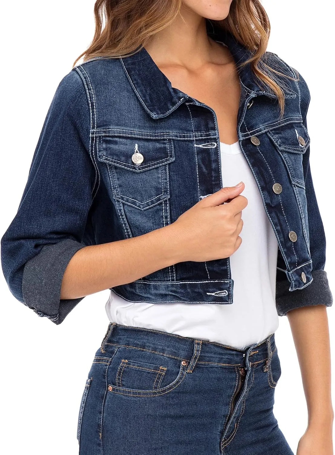 Skylinewears Women's Long Sleeve Jean Jacket Short Cropped Denim with Pockets Trendy Ideal for Every Occasion