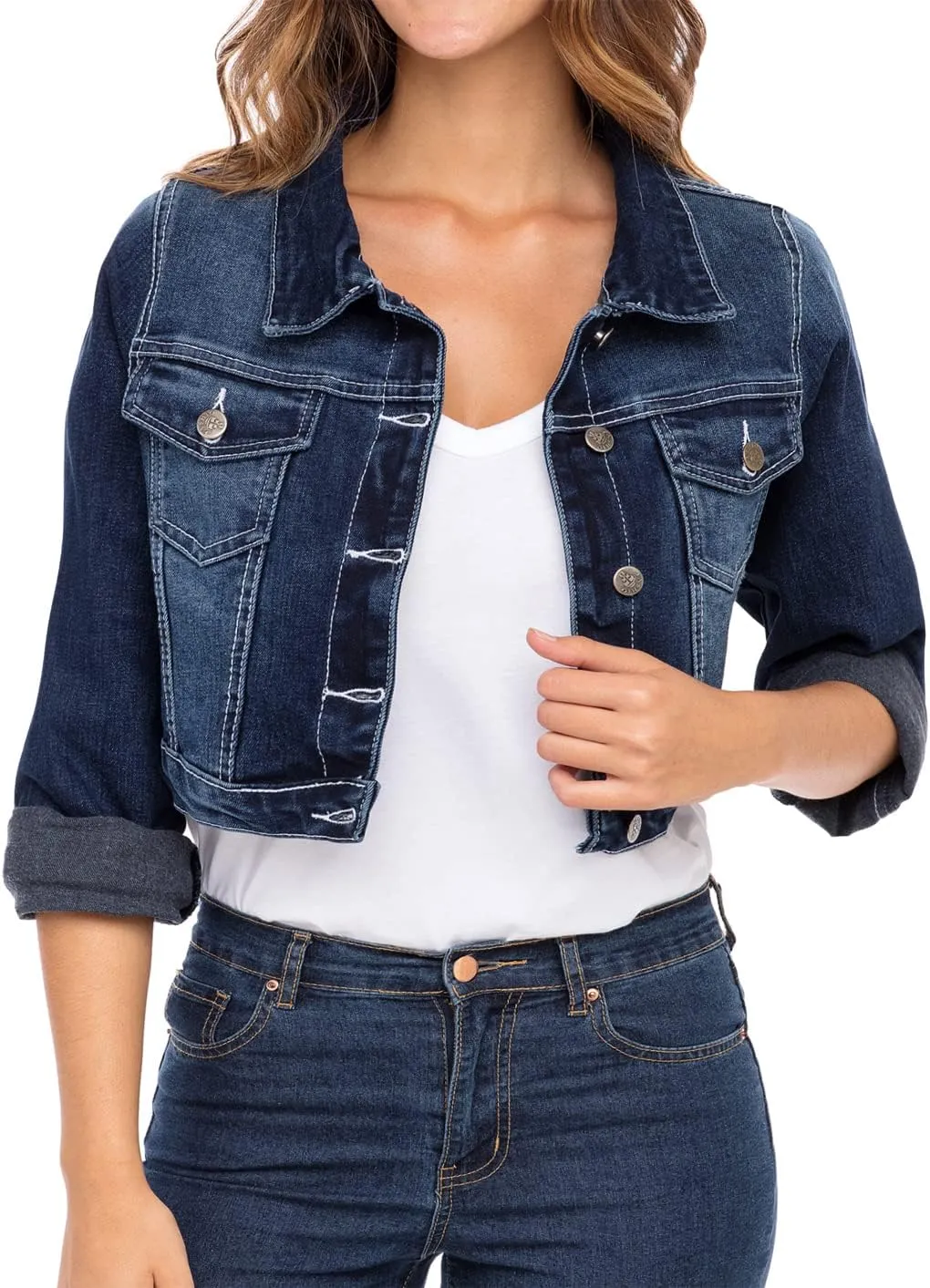 Skylinewears Women's Long Sleeve Jean Jacket Short Cropped Denim with Pockets Trendy Ideal for Every Occasion