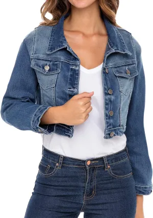 Skylinewears Women's Long Sleeve Jean Jacket Short Cropped Denim with Pockets Trendy Ideal for Every Occasion