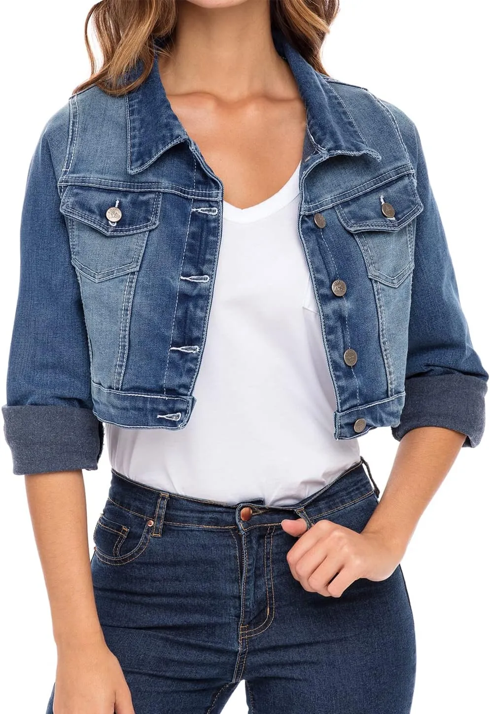 Skylinewears Women's Long Sleeve Jean Jacket Short Cropped Denim with Pockets Trendy Ideal for Every Occasion
