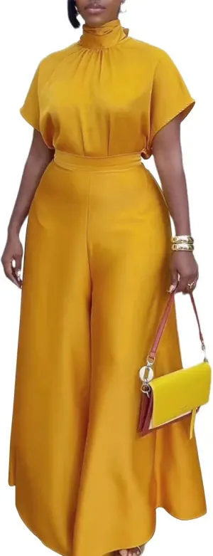 Spring Women 2 Piece Outfit Elegant Satin Short Sleeve Crop Blouses Wide Leg Long Pants Going Out Sets