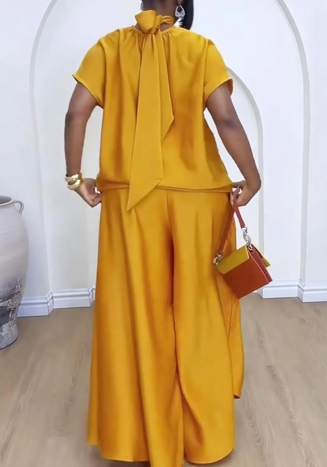 Spring Women 2 Piece Outfit Elegant Satin Short Sleeve Crop Blouses Wide Leg Long Pants Going Out Sets