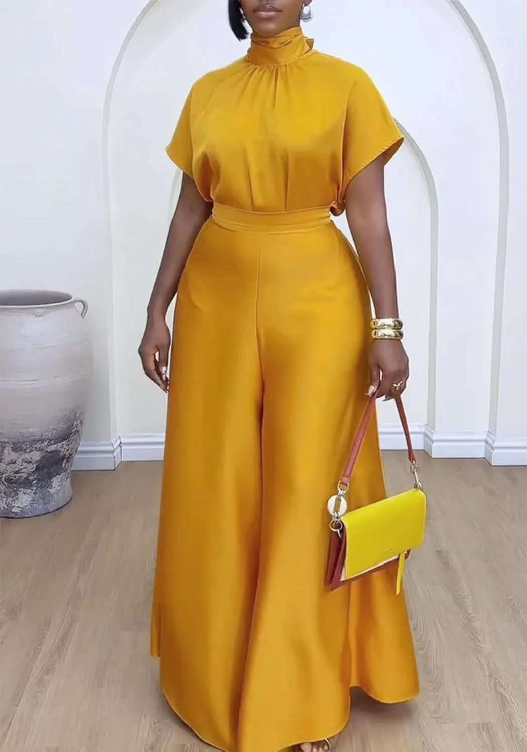 Spring Women 2 Piece Outfit Elegant Satin Short Sleeve Crop Blouses Wide Leg Long Pants Going Out Sets