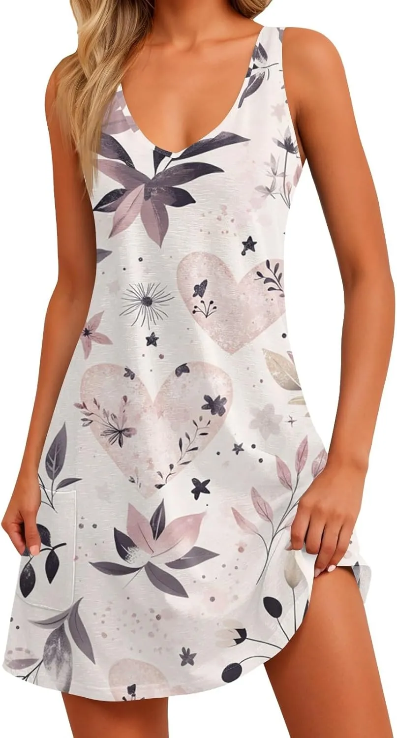 Summer Dresses for Women V Neck Sleeveless Dress with Pocket 2025 Beach Sundress Printed Casual Swimsuit Coverup