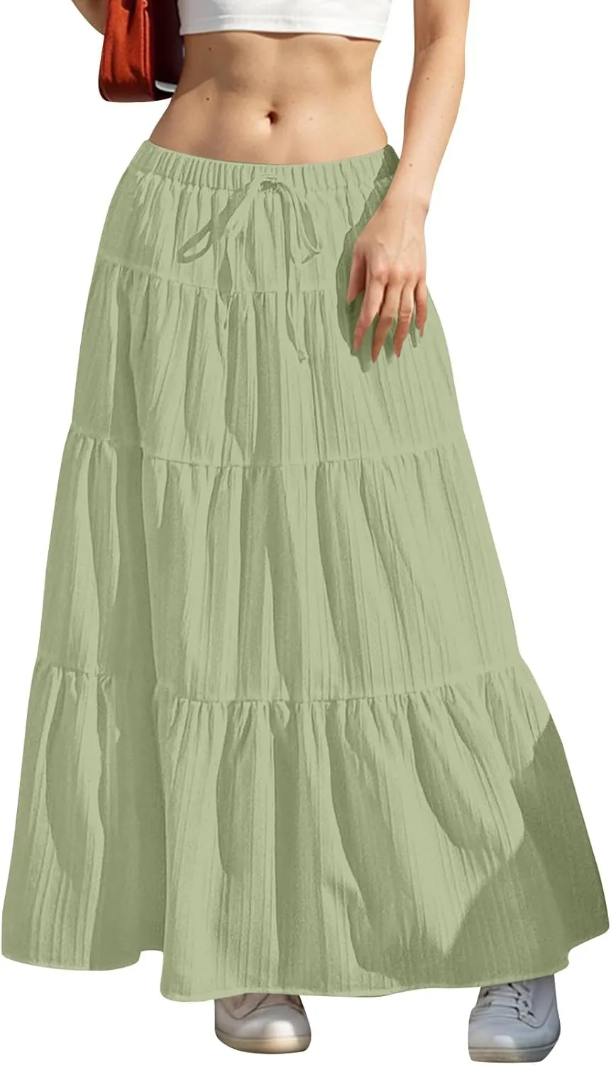 Summer Skirts for Women Casual Elastic High Waisted Pleated Skirt Midi Length Drawstring Flowy Beach Long Skirt